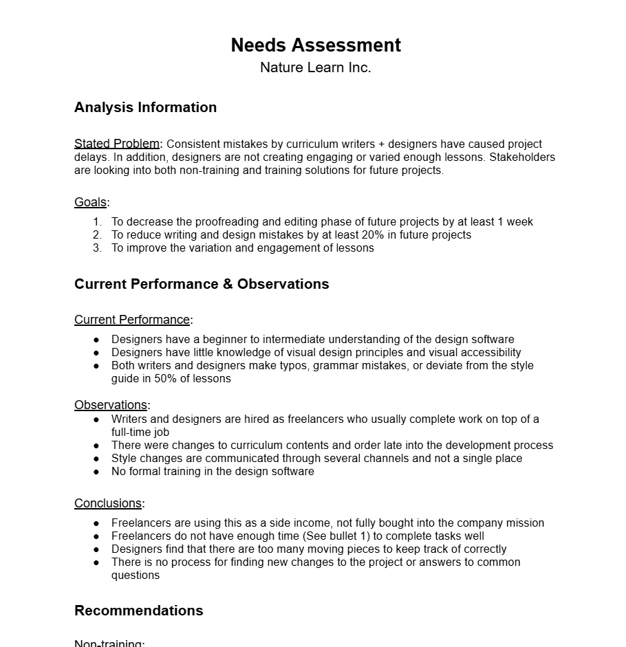 screenshot of needs assessment